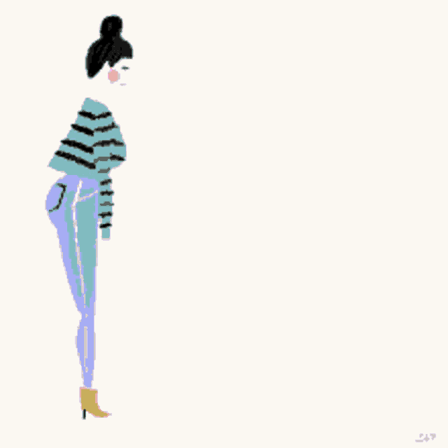 a cartoon drawing of two women dancing with one wearing a blue dress with pink polka dots