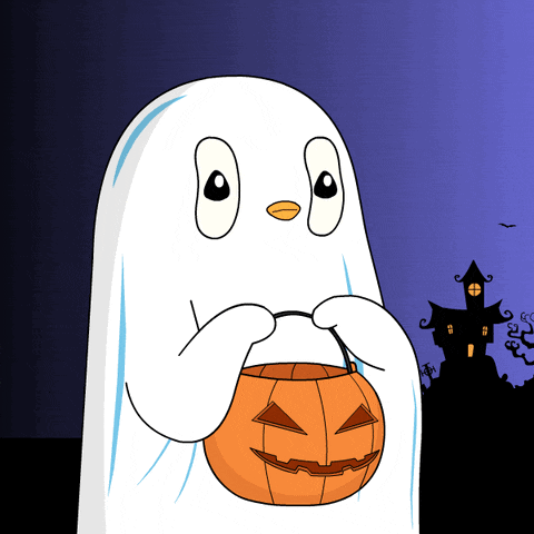 a cartoon ghost is holding a pumpkin in front of a haunted house