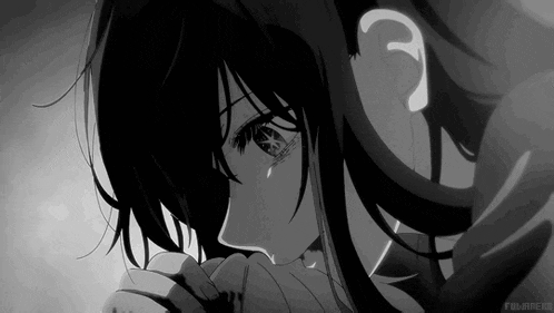 a black and white drawing of a sad anime girl crying .