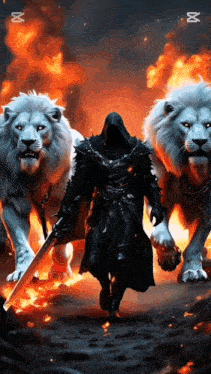 a man holding a sword is surrounded by two white lions