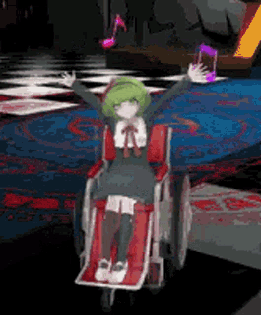 a girl is sitting in a wheelchair with her arms outstretched in a video game .