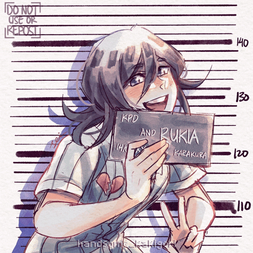 a drawing of a girl holding up a sign that says kpd and rukia