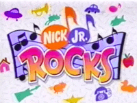 the logo for nick jr. rocks is surrounded by music notes and a phone .