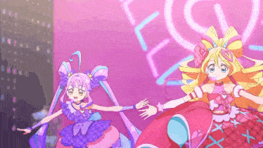 two anime girls are dancing in front of a pink background with a heart on it
