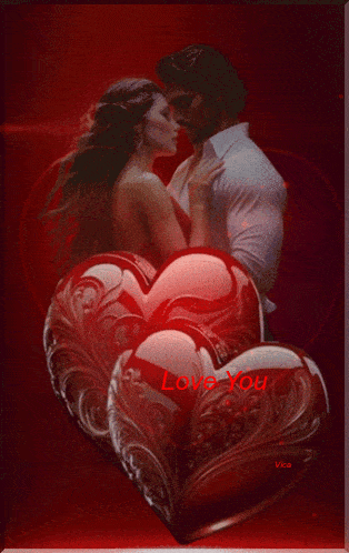 a picture of a man and woman kissing with the words love you written on the hearts