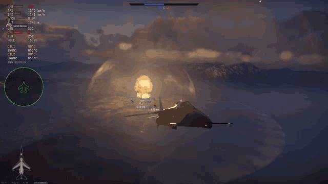 a fighter jet is flying in front of a huge explosion with a few numbers on it