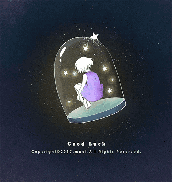 a drawing of a girl sitting on a circle with the words good luck written on the bottom