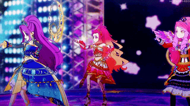 three anime girls with purple hair are dancing on a stage ..