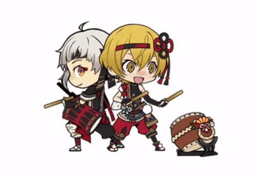 a boy and a girl are standing next to each other playing drums