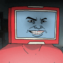 a cartoon drawing of a man with a computer monitor on his head