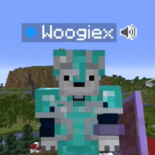 a minecraft character named woogiex is holding a pink shield