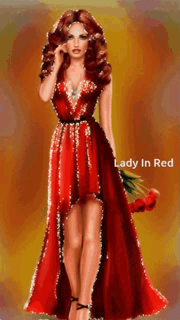 a lady in a red dress is holding a bouquet of red flowers