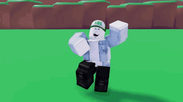 a roblox character wearing a hat that says lol on it is dancing on a green field .