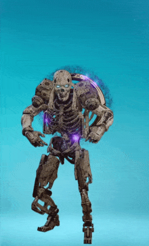 a skeleton robot with a purple glow around it