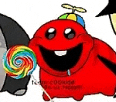 a red cartoon character is holding a colorful lollipop and wearing a hat .