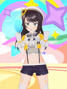 a girl with a sunflower in her hair stands in front of a star