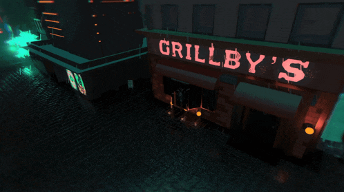 a neon sign for grillby 's is lit up in the dark