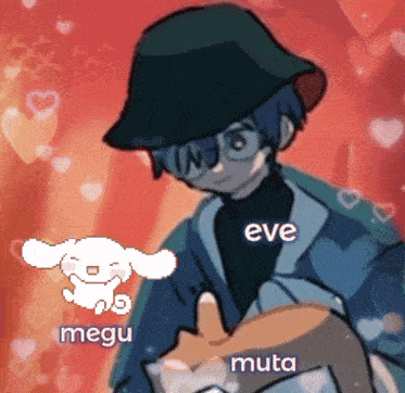 a cartoon drawing of a boy holding a cat with the words megu eve and mutat written on the bottom