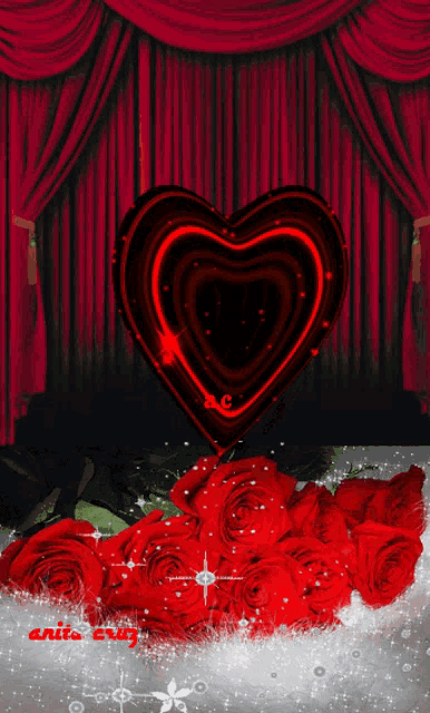 a heart shaped balloon surrounded by red roses with anita cruz written on the bottom right