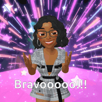 a cartoon girl with glasses says bravooooo on a purple background