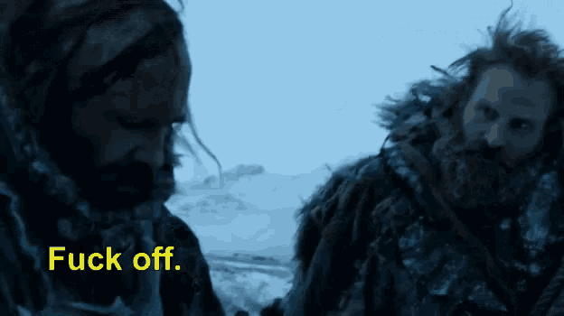 a man with a beard is standing next to another man with the words " fuck off " written in yellow