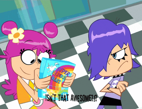 a cartoon of a girl reading a book called super rainbow blast