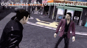 two men standing on a street with the words " do n't mess with roomania nation " written on the bottom
