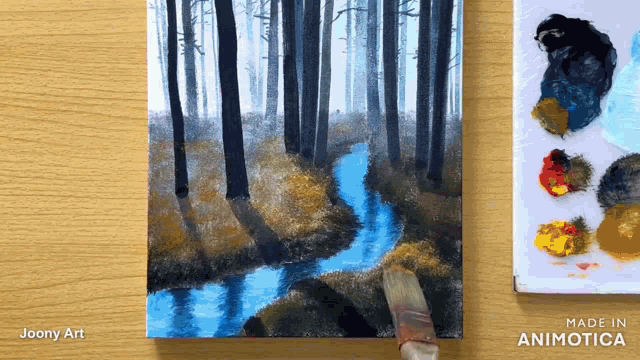 a painting of a river in the woods is being made in animatica