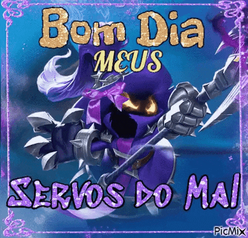a picture of a video game character with the words bom dia meus servos do mai written on it