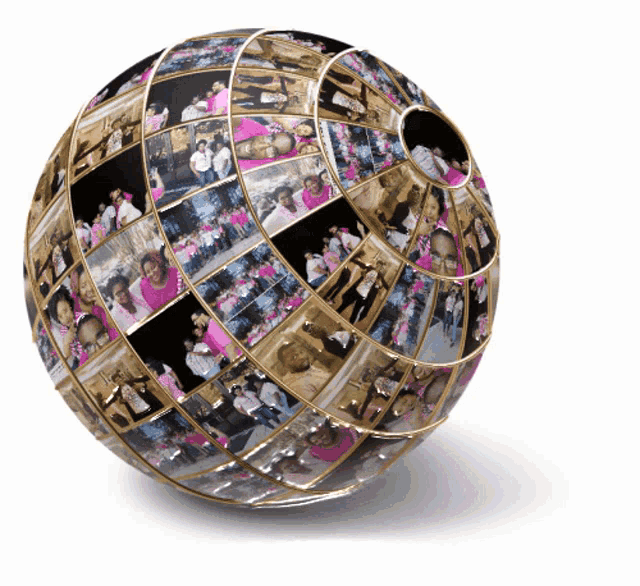 a globe with a hole in the middle has a collage of pictures on it