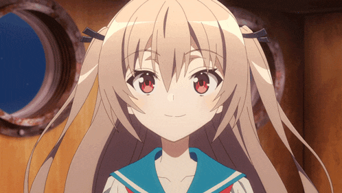 a girl with blonde hair and red eyes is wearing a blue and white uniform