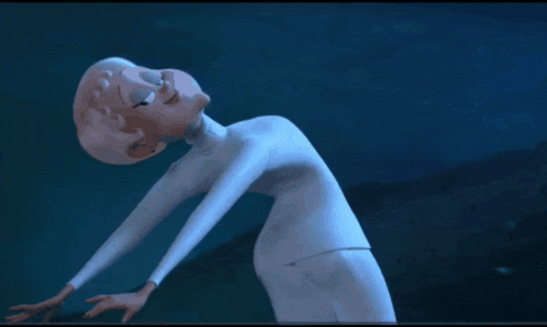 a cartoon character is flying through the air in a dark room