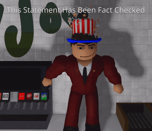 a man in a red suit and tie is standing in front of a soda machine with the words this statement has been fact checked