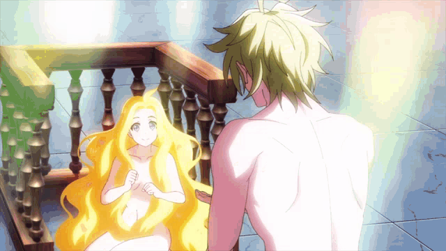 a man is standing next to a naked woman with long yellow hair
