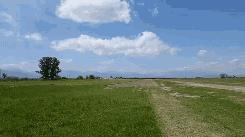 a grassy field with mountains in the background and a cloudy sky
