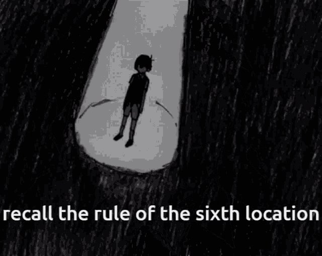 a black and white drawing of a boy with the words recall the rule of the sixth location below it