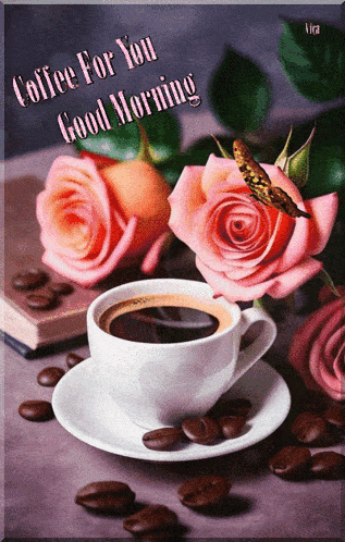 a cup of coffee sits on a saucer surrounded by roses and coffee beans