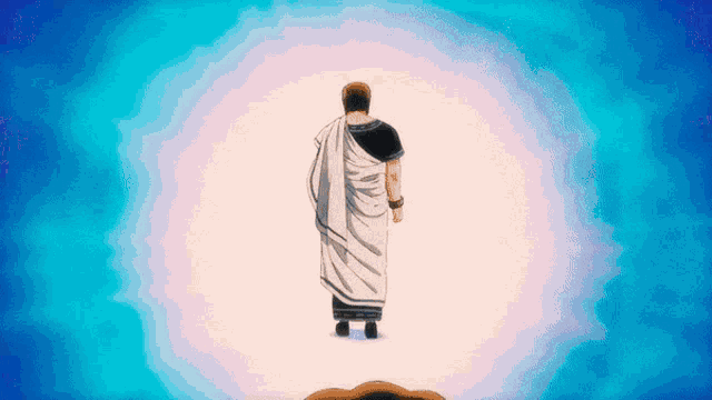 a man in a white toga is standing in front of a blue background