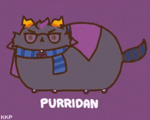 a cartoon cat wearing glasses and a scarf with the name purridan on it