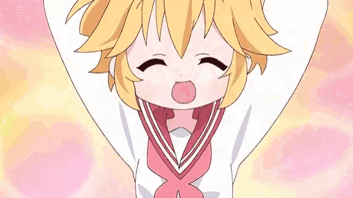 a little girl in a school uniform is dancing and smiling .