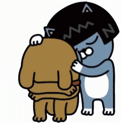 two cartoon characters are hugging each other on a white background . one of the characters is wearing a black hat .