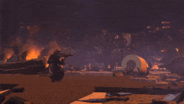 a gun is flying through the air in a video game scene