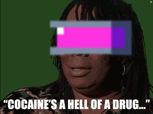 a picture of a man with the words " cocaine 's a hell of a drug " above him