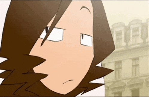 a cartoon character with brown hair and white eyes looks at the camera