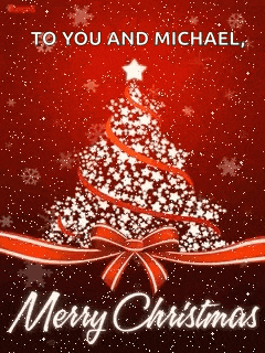 a red christmas card with a christmas tree and the words `` to you and michael merry christmas ''