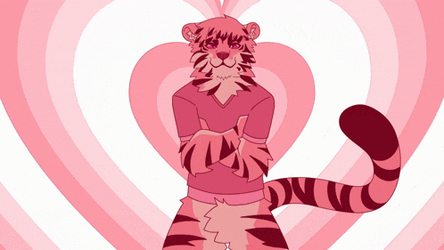 a cartoon drawing of a pink tiger with a pink heart in the background