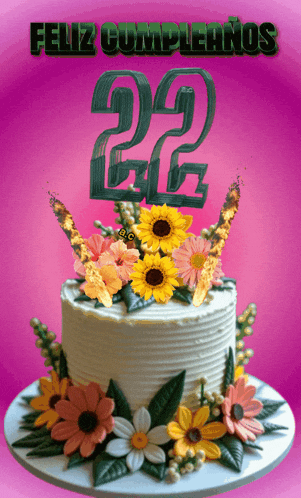 a birthday cake with flowers and butterflies and the number 22 on top