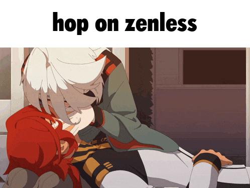 a picture of a couple kissing with the words hop on zenless above them