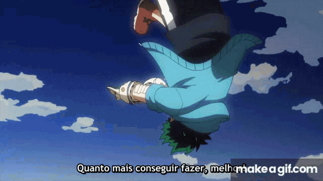 a cartoon character is flying through the air with the words " quanto mais conseguir fazer melhor make a gif.com "