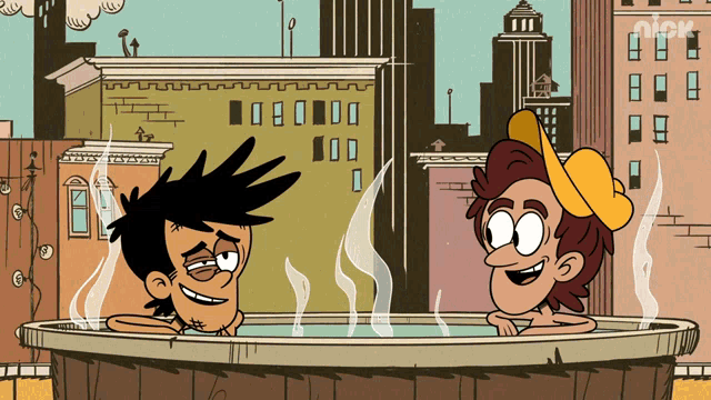 two cartoon characters are taking a bath in a tub with the nick logo visible